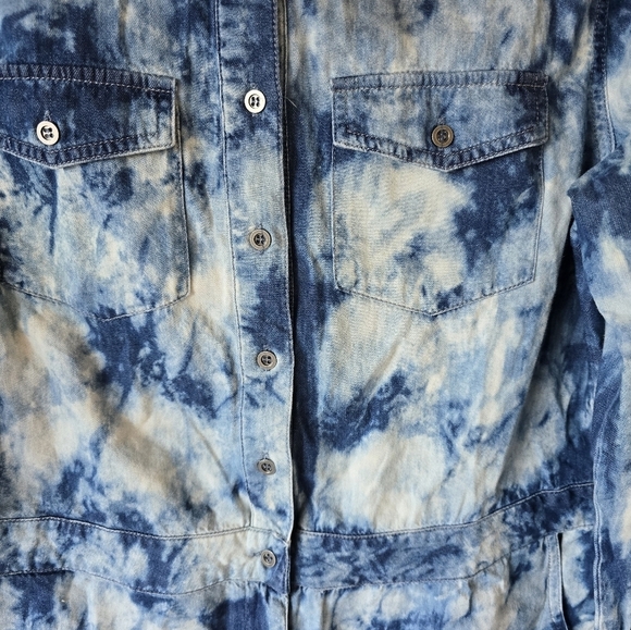 Mebon Machine Chambray Romper Jumpsuit Women L Blue Denim LongSleeve Tye Dye - Picture 8 of 16